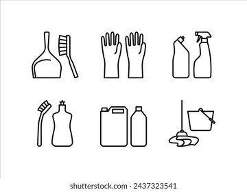 Cleaning and housework accessories icons. Housekeeping supplies - detergent in bottles, cleaner, dustpan, brush, gloves, cleaning products. Linear illustrations, icon sheet, editable strokes