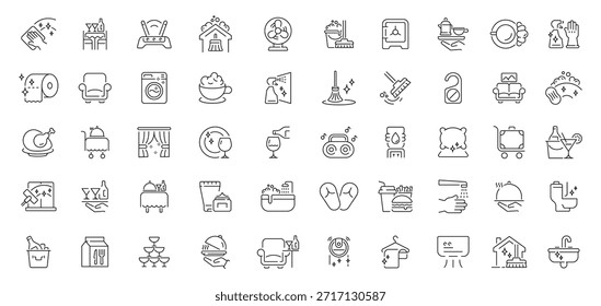 Conjunto de iconos de línea editable de limpieza y tareas domésticas: tareas y símbolos domésticos