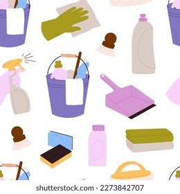 Cleaning housework elements seamless pattern. Bucket, clothes pile and sponges. Hands hold spray and cloth. Laundry or household racy vector print
