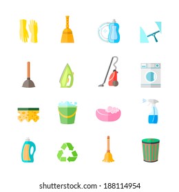 Cleaning housework equipment icons set of gloves spray iron brush isolated vector illustration