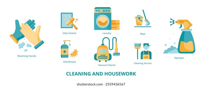 Cleaning and Housework Flat Banner Web Icon Set Vector Illustration