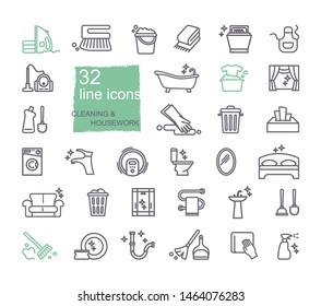 Cleaning and housework Icon set, flat design, thin line style