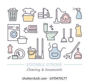 Cleaning and housework Icon set, flat design, thin line style with editable stroke