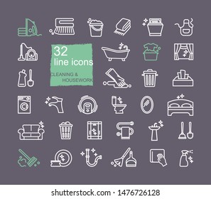 Cleaning and housework Icon set, flat design, thin line style