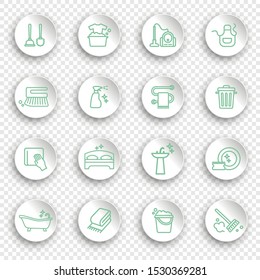 Cleaning and housework Icons, thin line style on white stickers with transparent shadows