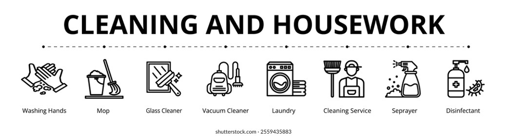 Cleaning and Housework Line Banner Web Icon Set Vector Illustration
