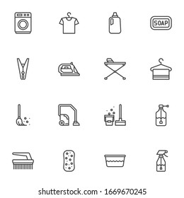 Cleaning and Housework line icons set. linear style symbols collection, Household equipment outline signs pack. vector graphics. Set includes icons as washing machine, iron, vacuum cleaner, brush