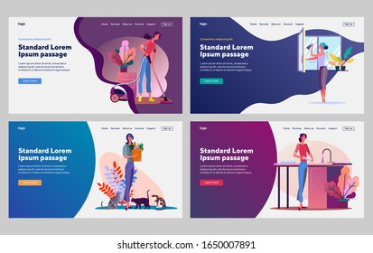 Cleaning and housework set. Woman vacuuming, washing window, dish, pet. Flat vector illustrations. Housekeeping, service, domestic work concept for banner, website design or landing web page