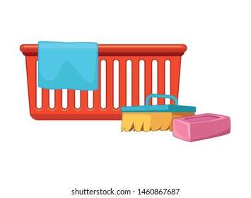 cleaning and hygiene equipment cleanliness basket with a cloth, scrum brush and soap bar vector illustration graphic design