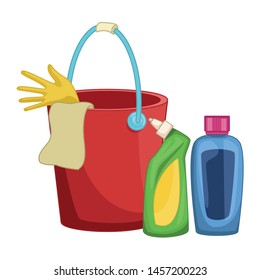 cleaning and hygiene equipment liquid soap, cleaning shampoo and cleaning bucket with gloves and cloth icon cartoon vector illustration graphic design