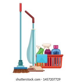 cleaning and hygiene equipment liquid soap, spray cleaner and cleaning shampoo into a cleanliness basket with a cloth, vacuum cleaner and broom vector illustration graphic design