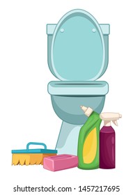 cleaning and hygiene equipment liquid soap, spray cleaner, scrum brush and soap bar next to a toilet vector illustration graphic design