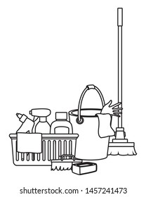 cleaning and hygiene equipment liquid soap, spray cleaner and cleaning shampoo into a cleanliness basket with a cloth, scrum brush, soap bar and cleaning bucket with glove and a cloth in black and