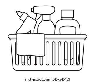 cleaning and hygiene equipment liquid soap, spray cleaner, cleaning shampoo into a cleanliness basket with a cloth icon cartoon in black and white vector illustration graphic design