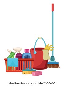 cleaning and hygiene equipment liquid soap, spray cleaner and cleaning shampoo into a cleanliness basket with a cloth, scrum brush, soap bar and cleaning bucket with glove and a cloth vector