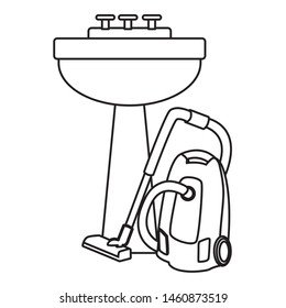cleaning and hygiene equipment vacuum cleaner next to a handwashing in black and white vector illustration graphic design