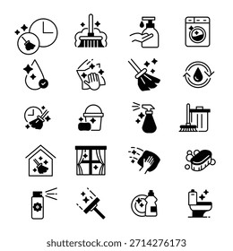 Paquete de iconos de limpieza e higiene con herramientas de limpieza doméstica, aerosoles desinfectantes, ropa sucia, lavado de manos y símbolos de saneamiento.
Ideal para servicios de limpieza doméstica, proyectos de limpieza.