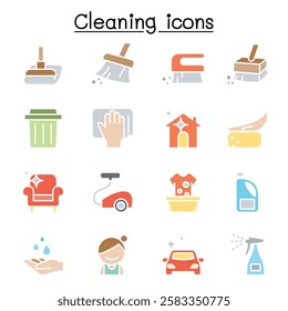 Cleaning and Hygiene icon set in flat color style