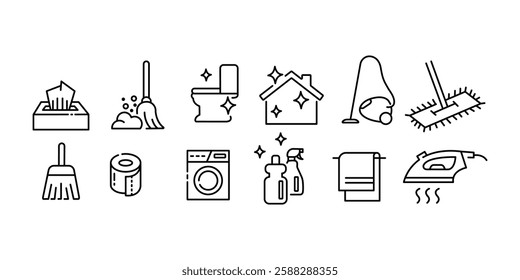 Cleaning Hygiene icon set in thin line style