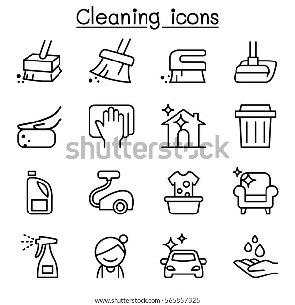 Cleaning\
& Hygiene icon set in thin line\
style