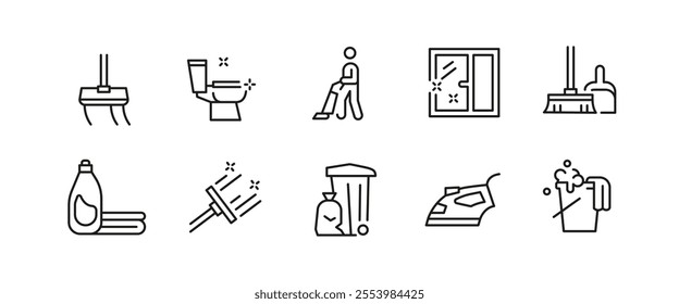 Cleaning and hygiene icons. 10 cleaning and hygiene trendy minimal icons. Gloves, Spray Bottle, Sponge, Mop icon. Design signs for web page, mobile app, packaging design. Vector illustration