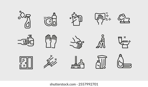 Cleaning and hygiene icons. 15 cleaning and hygiene trendy minimal icons. Gloves, Spray Bottle, Sponge, Mop icon. Design signs for web page, mobile app, packaging design. Vector illustration