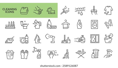 Cleaning and hygiene icons. 31 cleaning and hygiene trendy minimal icons. Gloves, Spray Bottle, Sponge, Mop icon. Design signs for web page, mobile app, packaging design. Vector illustration