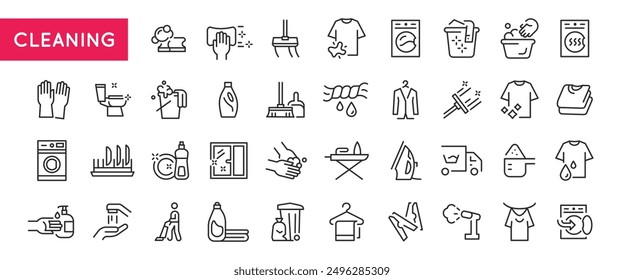 Iconos de limpieza e higiene. Grande conjunto de iconos mínimos de moda de limpieza e higiene. Guantes, botella de aerosol, esponja, icono de la fregona. Signos de diseño para la página de Web, App móvil, diseño de embalaje. Ilustración vectorial