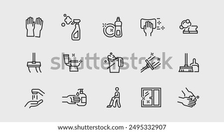 Cleaning and hygiene icons. Large set of cleaning and hygiene trendy minimal icons. Gloves, Spray Bottle, Sponge, Mop icon. Design signs for web page, mobile app, packaging design. Vector illustration