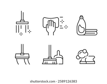 Cleaning and hygiene icons. A set of 6 cleaning logotypes. Handle, laundry room, conditioner. For branding cleaning products, hygiene services. Vector illustration.