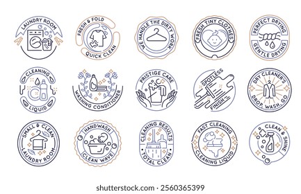 Cleaning and hygiene logos, labels, icons. A set of 15 cleaning logotypes. Handle, laundry room, wash machine conditioner. For branding cleaning products, hygiene services. Vector illustration.