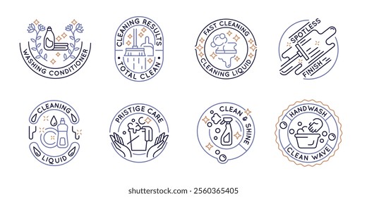 Cleaning and hygiene logos, labels, icons. A set of 8 cleaning logotypes. Handle, laundry room, wash machine conditioner. For branding cleaning products, hygiene services. Vector illustration.