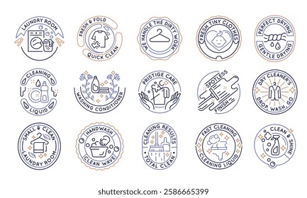 Cleaning and hygiene logos, labels, icons. A set of 15 cleaning logotypes. Handle, laundry room, wash machine conditioner. For branding cleaning products, hygiene services. Vector illustration.