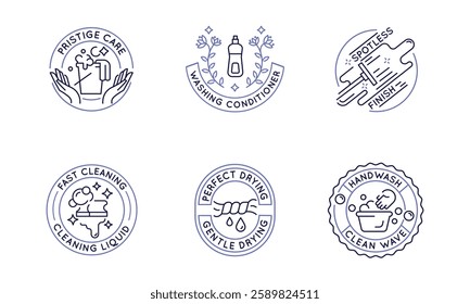 Cleaning and hygiene logos, labels, icons. A set of 6 cleaning logotypes. Handle, laundry room, wash machine conditioner. For branding cleaning products, hygiene services. Vector illustration.