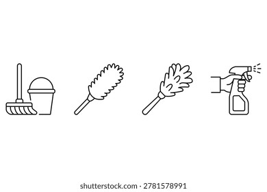 Cleaning and hygiene maintenance linear icons set showing mop bucket, duster, feather brush and spray bottle.