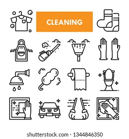 Cleaning hygiene outline vector icon set