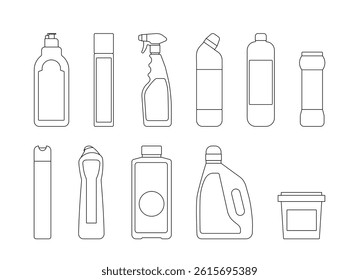 Cleaning and hygiene products icon set. Plastic bottles linear drawing. Editable stroke. Vector icon, linear illustration of household chemicals.