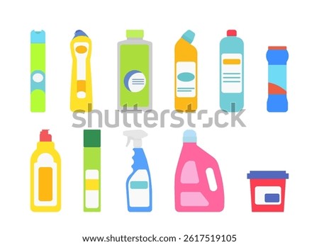 Cleaning and hygiene products set isolated on a white background. Plastic bottles icon set, flat style. Colored icon, illustration of household chemicals.