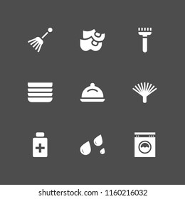 cleaning icon. 9 cleaning set with rake, dishes, wet and antiseptic vector icons for web and mobile app