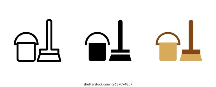 Cleaning icon. Bucket and scrubbing brush for sanitation tasks vector illustration. Tools for washing and surface maintenance. Household and janitorial hygiene equipment.