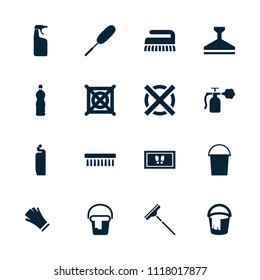 Cleaning icon. collection of 16 cleaning filled icons such as bucket, foot carpet, cleanser, dust brush, clean brush. editable cleaning icons for web and mobile.