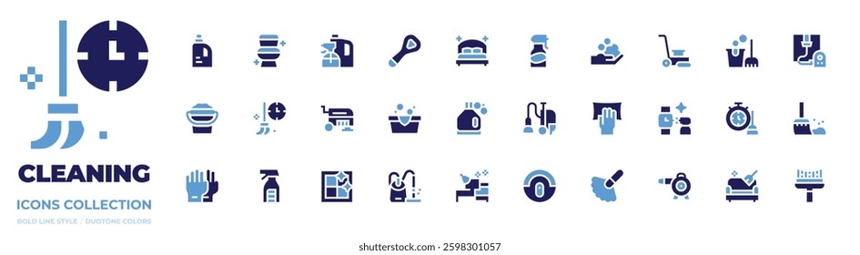 Cleaning icon collection. Bold style. Duotone colors. cleaning service, cleaning products, cleaning, floor cleaner, foam, drain cleaner, bedroom.
