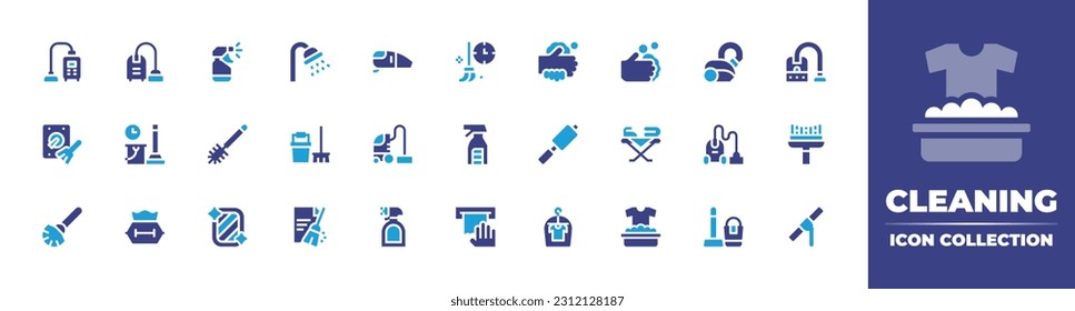 Cleaning icon collection. Duotone color. Vector illustration. Containing vacuum cleaner, spray, shower, vaccum cleaner, cleaning, washing hand, data cleaning, cleaner, toilet brush, cleaning spray.