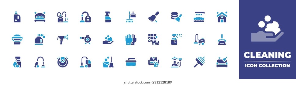 Cleaning icon collection. Duotone color. Vector illustration. Containing drain cleaner, bedroom, vaccum cleaner, vacuum cleaner, window cleaner, cleaning, data cleaning, brush, house, cleaning bucket.