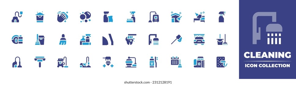 Sammlung von Reinigungssymbolen. Duotonfarbe. Vektorgrafik. Staubsauger, Reinigungsmittel, Eimer, Reinigung, Luftblasen, Reinigungsmittel, Staubsauger, Haus, Büro, Spritzflasche, Impfstoffreiniger.