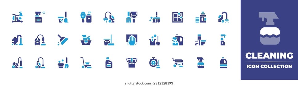 Cleaning icon collection. Duotone color. Vector illustration. Containing cleaning cart, spray, cleaning, vacuum, brush, broom, clean window, detergent, vacuum cleaner, service.