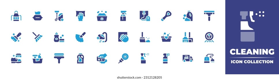 Cleaning icon collection. Duotone color. Vector illustration. Containing apron, wet wipes, vacuum cleaner, wiping, bathing, bottle, cleaning, tongue cleaner, detergent, wiper, clean code, broom.