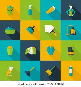 Cleaning icon flat set isolated with windows dishes floor washing isolated vector illustration