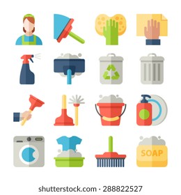 Cleaning icon flat set isolated with windows dishes floor washing isolated vector illustration