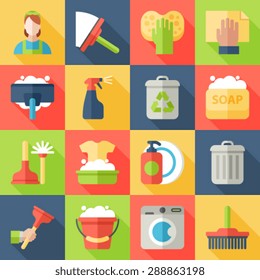 Cleaning icon flat set isolated with windows dishes floor washing isolated vector illustration